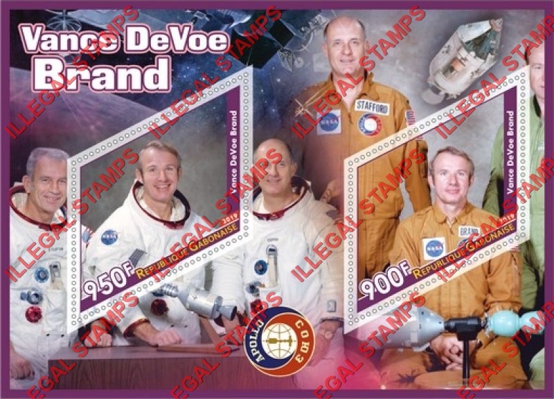 Gabon 2019 Space Apollo Soyuz Vance DeVoe Brand Illegal Stamp Souvenir Sheet of 2 Gabon 2019 Space Apollo Soyuz Vance DeVoe Brand Illegal Stamp Souvenir Sheet of 2