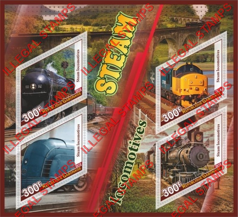 Gabon 2019 Steam Locomotives (different) Illegal Stamp Souvenir Sheet of 4 Gabon 2019 Steam Locomotives (different) Illegal Stamp Souvenir Sheet of 4