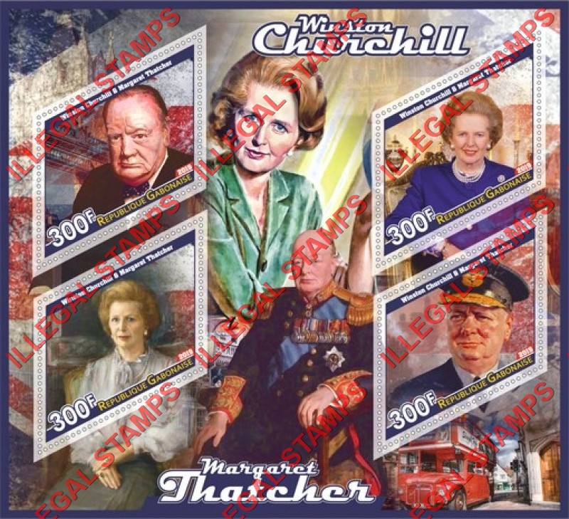 Gabon 2019 Winston Churchill and Margaret Thatcher Illegal Stamp Souvenir Sheet of 4 Gabon 2019 Winston Churchill and Margaret Thatcher Illegal Stamp Souvenir Sheet of 4