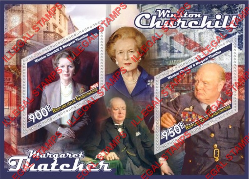 Gabon 2019 Winston Churchill and Margaret Thatcher Illegal Stamp Souvenir Sheet of 2 Gabon 2019 Winston Churchill and Margaret Thatcher Illegal Stamp Souvenir Sheet of 2