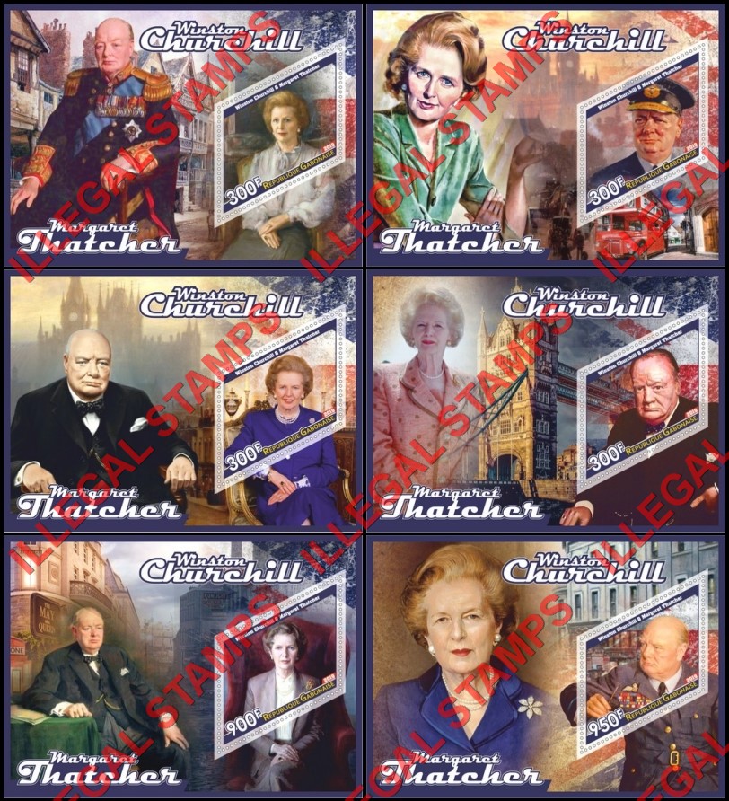 Gabon 2019 Winston Churchill and Margaret Thatcher Illegal Stamp Souvenir Sheets of 1 Gabon 2019 Winston Churchill and Margaret Thatcher Illegal Stamp Souvenir Sheets of 1