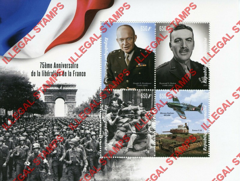 Gabon 2019 World War II Liberation of France Illegal Stamp Souvenir Sheet of 4 Gabon 2019 World War II Liberation of France Illegal Stamp Souvenir Sheet of 4
