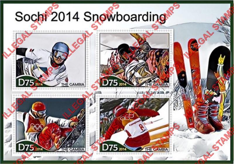 Gambia 2014 Winter Olympic Games Snowboarding Illegal Stamp Souvenir Sheet of 4 Gambia 2014 Winter Olympic Games Snowboarding Illegal Stamp Souvenir Sheet of 4