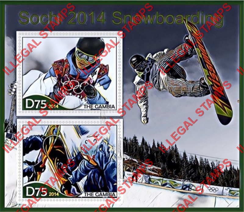 Gambia 2014 Winter Olympic Games Snowboarding Illegal Stamp Souvenir Sheet of 2 Gambia 2014 Winter Olympic Games Snowboarding Illegal Stamp Souvenir Sheet of 2