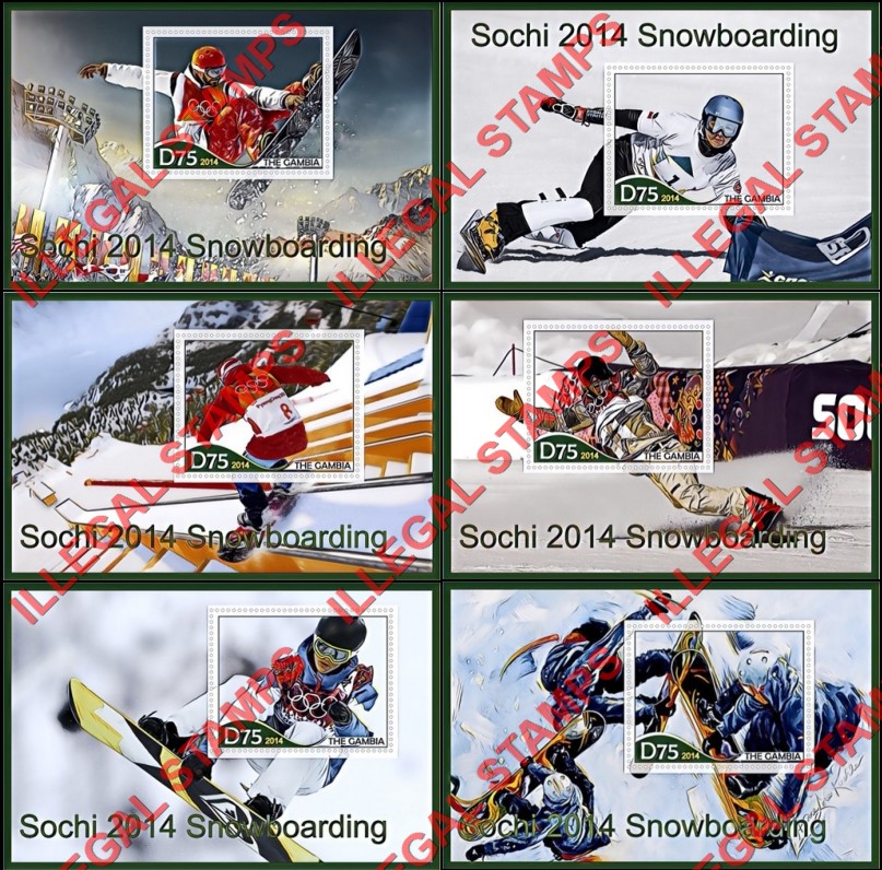 Gambia 2014 Winter Olympic Games Snowboarding Illegal Stamp Souvenir Sheets of 1 Gambia 2014 Winter Olympic Games Snowboarding Illegal Stamp Souvenir Sheets of 1