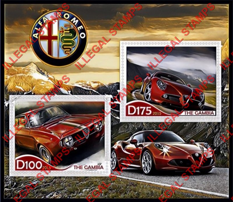Gambia 2015 Cars Alfa Romeo Illegal Stamp Souvenir Sheet of 2 Gambia 2015 Cars Alfa Romeo Illegal Stamp Souvenir Sheet of 2