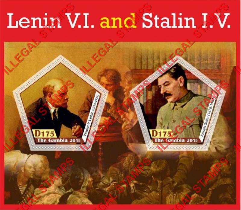 Gambia 2015 Lenin and Stalin Illegal Stamp Souvenir Sheet of 2 Gambia 2015 Lenin and Stalin Illegal Stamp Souvenir Sheet of 2