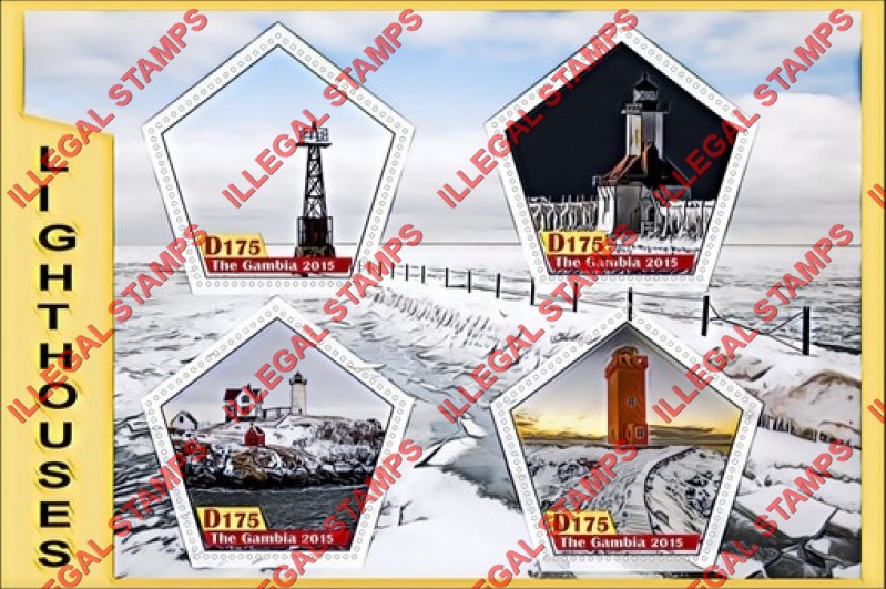 Gambia 2015 Lighthouses Illegal Stamp Souvenir Sheet of 4 Gambia 2015 Lighthouses Illegal Stamp Souvenir Sheet of 4