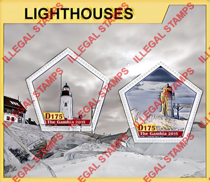 Gambia 2015 Lighthouses Illegal Stamp Souvenir Sheet of 2 Gambia 2015 Lighthouses Illegal Stamp Souvenir Sheet of 2