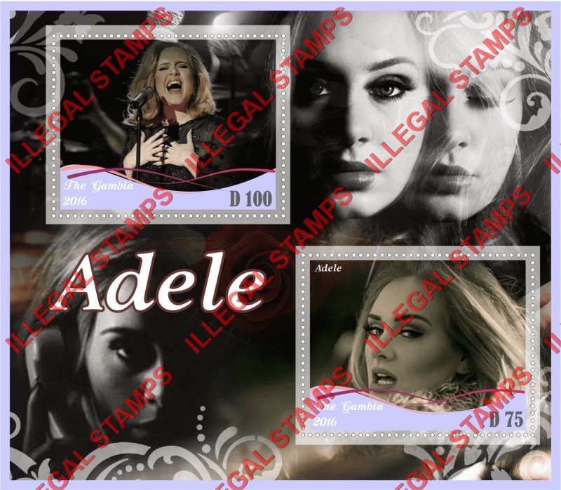 Gambia 2016 Adele Illegal Stamp Souvenir Sheet of 2 Gambia 2016 Adele Illegal Stamp Souvenir Sheet of 2