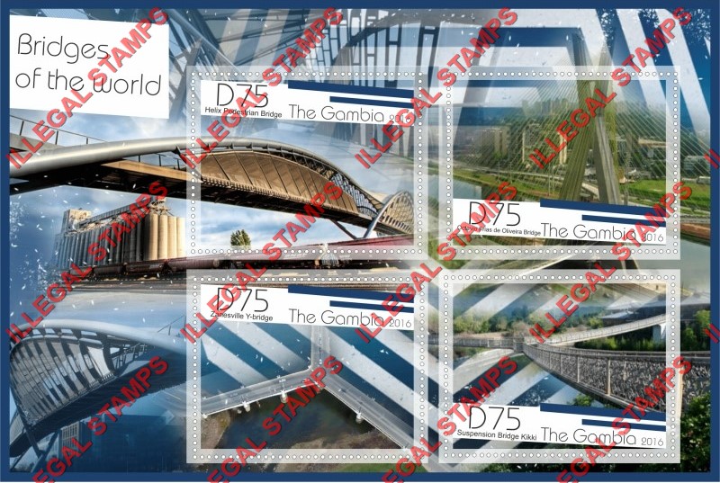 Gambia 2016 Bridges of the World Illegal Stamp Souvenir Sheet of 4 Gambia 2016 Bridges of the World Illegal Stamp Souvenir Sheet of 4