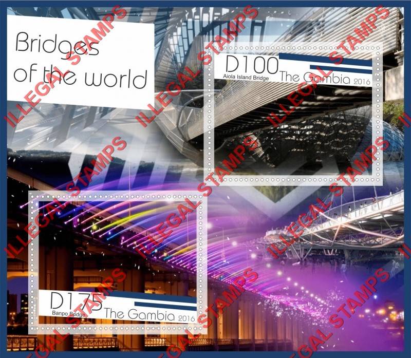 Gambia 2016 Bridges of the World Illegal Stamp Souvenir Sheet of 2 Gambia 2016 Bridges of the World Illegal Stamp Souvenir Sheet of 2