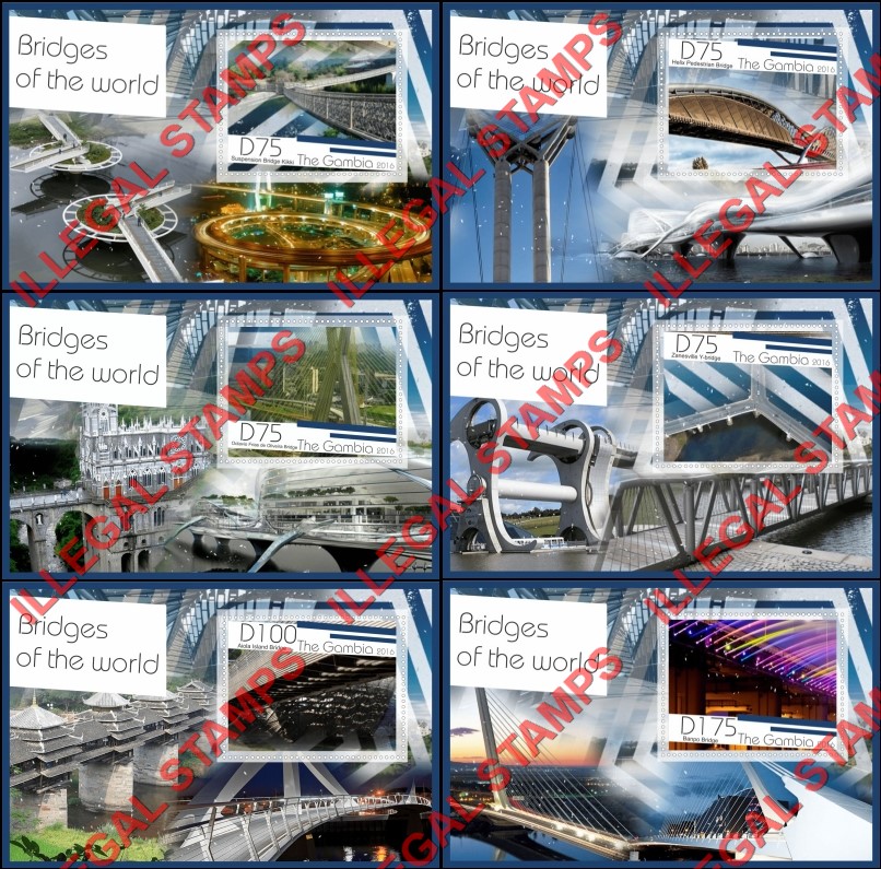 Gambia 2016 Bridges of the World Illegal Stamp Souvenir Sheets of 1 Gambia 2016 Bridges of the World Illegal Stamp Souvenir Sheets of 1