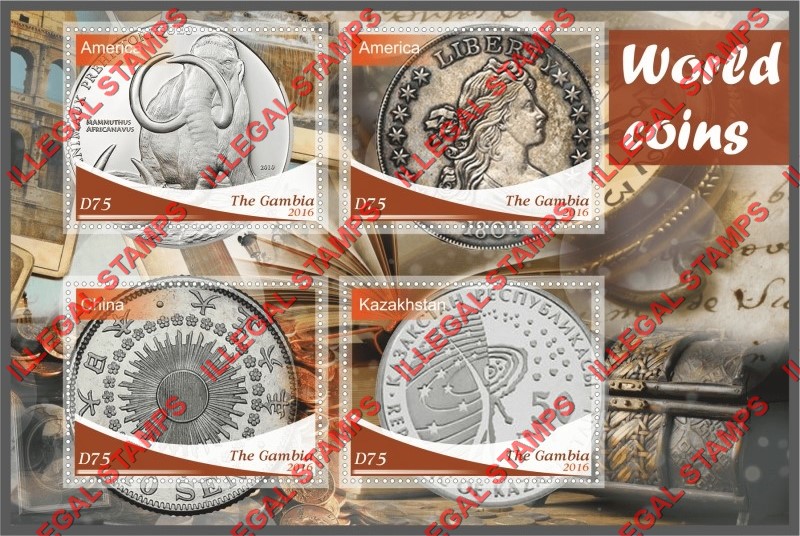 Gambia 2016 World Coins Illegal Stamp Souvenir Sheet of 4 Gambia 2016 World Coins Illegal Stamp Souvenir Sheet of 4