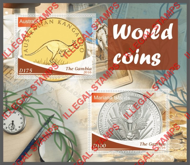 Gambia 2016 World Coins Illegal Stamp Souvenir Sheet of 2 Gambia 2016 World Coins Illegal Stamp Souvenir Sheet of 2