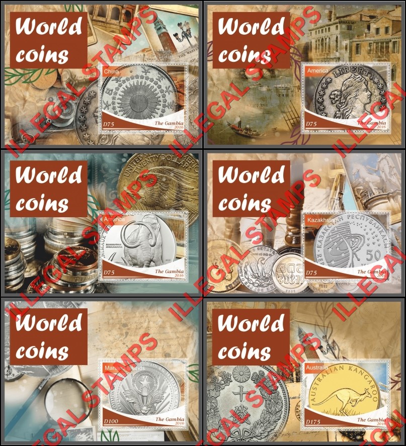 Gambia 2016 World Coins Illegal Stamp Souvenir Sheets of 1 Gambia 2016 World Coins Illegal Stamp Souvenir Sheets of 1