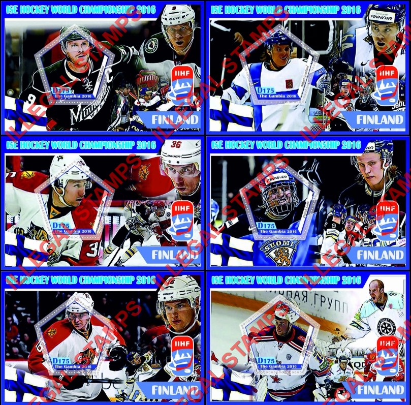Gambia 2016 Ice Hockey World Championship Finland Illegal Stamp Souvenir Sheets of 1 Gambia 2016 Ice Hockey World Championship Finland Illegal Stamp Souvenir Sheets of 1