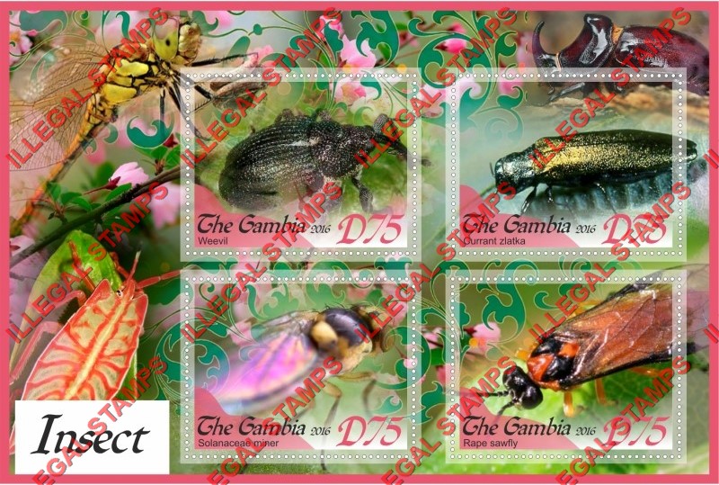 Gambia 2016 Insects Illegal Stamp Souvenir Sheet of 4 Gambia 2016 Insects Illegal Stamp Souvenir Sheet of 4