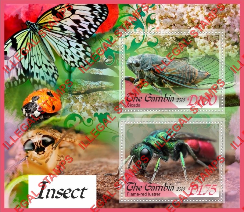 Gambia 2016 Insects Illegal Stamp Souvenir Sheet of 2 Gambia 2016 Insects Illegal Stamp Souvenir Sheet of 2