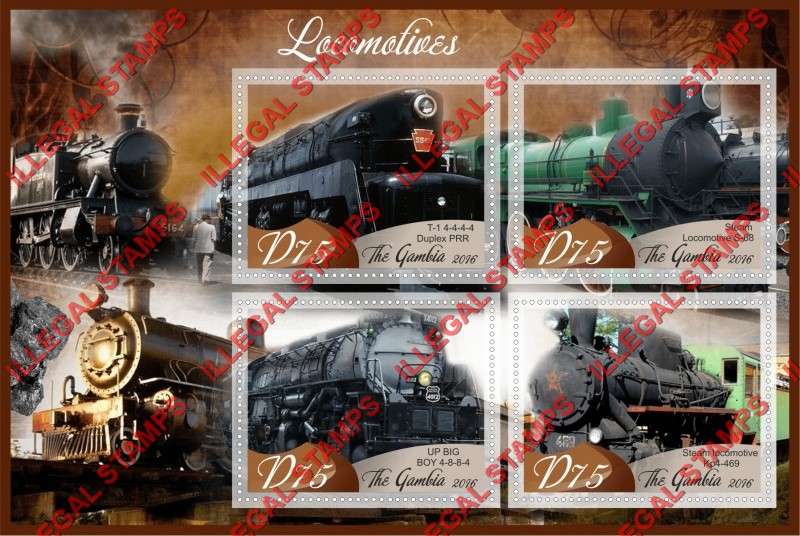 Gambia 2016 Locomotives Illegal Stamp Souvenir Sheet of 4 Gambia 2016 Locomotives Illegal Stamp Souvenir Sheet of 4