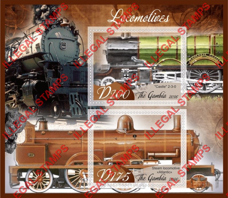 Gambia 2016 Locomotives Illegal Stamp Souvenir Sheet of 2 Gambia 2016 Locomotives Illegal Stamp Souvenir Sheet of 2
