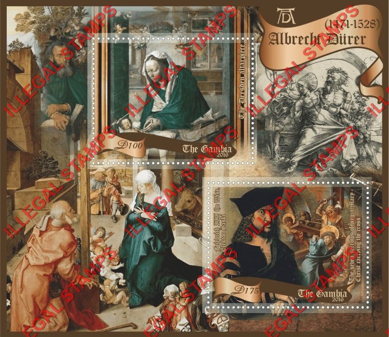 Gambia 2016 Paintings Albrecht Durer Illegal Stamp Souvenir Sheet of 2 Gambia 2016 Paintings Albrecht Durer Illegal Stamp Souvenir Sheet of 2