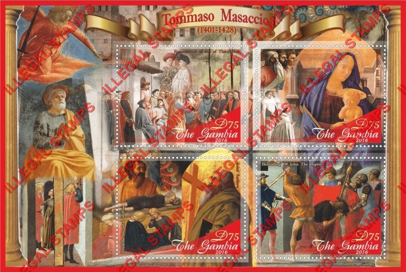 Gambia 2016 Paintings Tommaso Masaccio Illegal Stamp Souvenir Sheet of 4 Gambia 2016 Paintings Tommaso Masaccio Illegal Stamp Souvenir Sheet of 4