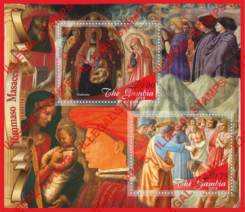 Gambia 2016 Paintings Tommaso Masaccio Illegal Stamp Souvenir Sheet of 2 Gambia 2016 Paintings Tommaso Masaccio Illegal Stamp Souvenir Sheet of 2