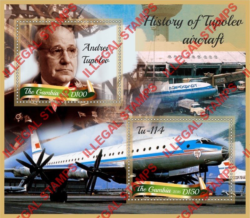 Gambia 2016 History of Tupolev Aircraft Illegal Stamp Souvenir Sheet of 2 Gambia 2016 History of Tupolev Aircraft Illegal Stamp Souvenir Sheet of 2