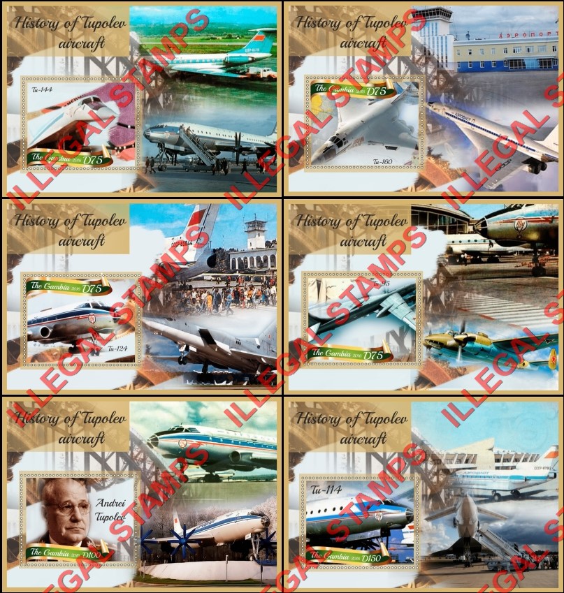 Gambia 2016 History of Tupolev Aircraft Illegal Stamp Souvenir Sheets of 1 Gambia 2016 History of Tupolev Aircraft Illegal Stamp Souvenir Sheets of 1