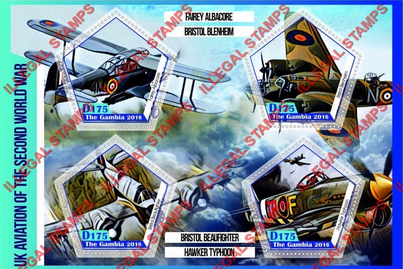 Gambia 2016 UK Aviation in the Second World War Illegal Stamp Souvenir Sheet of 4 Gambia 2016 UK Aviation in the Second World War Illegal Stamp Souvenir Sheet of 4
