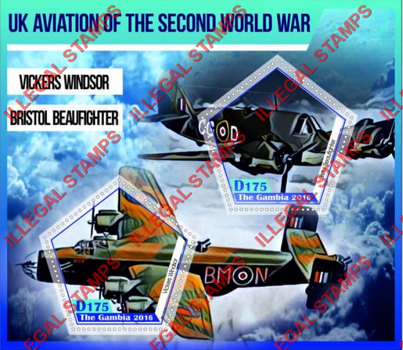 Gambia 2016 UK Aviation in the Second World War Illegal Stamp Souvenir Sheet of 2 Gambia 2016 UK Aviation in the Second World War Illegal Stamp Souvenir Sheet of 2