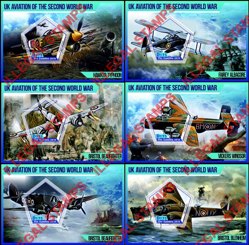 Gambia 2016 UK Aviation in the Second World War Illegal Stamp Souvenir Sheets of 1 Gambia 2016 UK Aviation in the Second World War Illegal Stamp Souvenir Sheets of 1