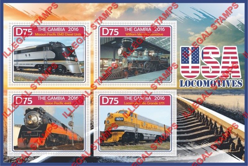Gambia 2016 USA Locomotives Illegal Stamp Souvenir Sheet of 4 Gambia 2016 USA Locomotives Illegal Stamp Souvenir Sheet of 4