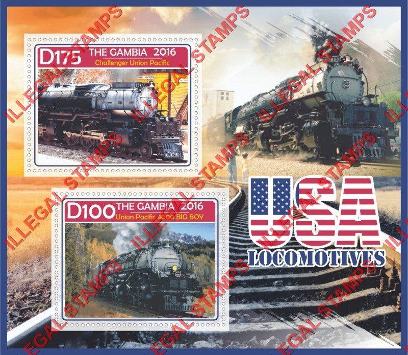 Gambia 2016 USA Locomotives Illegal Stamp Souvenir Sheet of 2 Gambia 2016 USA Locomotives Illegal Stamp Souvenir Sheet of 2