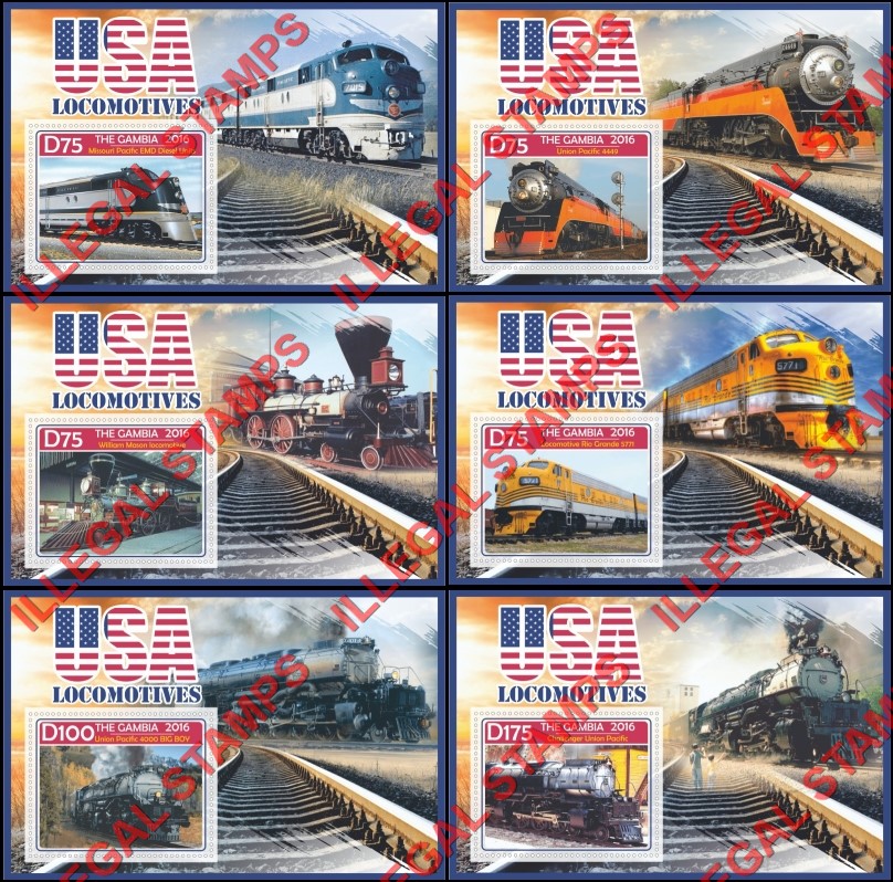 Gambia 2016 USA Locomotives Illegal Stamp Souvenir Sheets of 1 Gambia 2016 USA Locomotives Illegal Stamp Souvenir Sheets of 1
