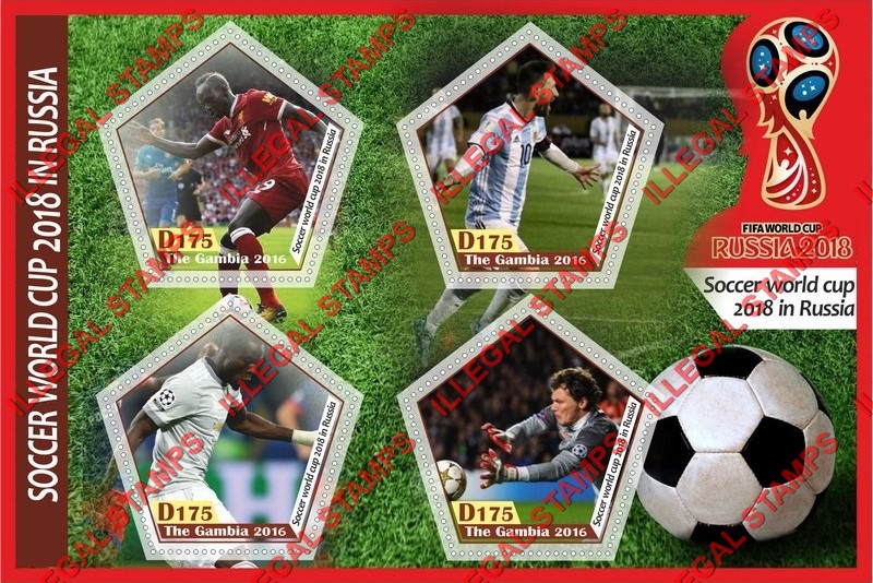 Gambia 2016 World Cup Soccer in Russia 2018 (different) Illegal Stamp Souvenir Sheet of 4 Gambia 2016 World Cup Soccer in Russia 2018 (different) Illegal Stamp Souvenir Sheet of 4