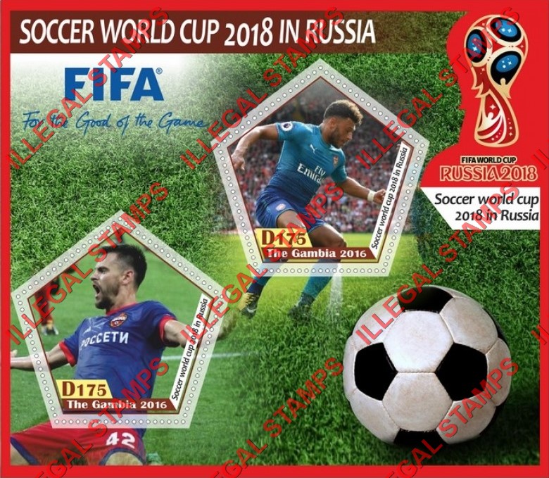 Gambia 2016 World Cup Soccer in Russia 2018 (different) Illegal Stamp Souvenir Sheet of 2 Gambia 2016 World Cup Soccer in Russia 2018 (different) Illegal Stamp Souvenir Sheet of 2