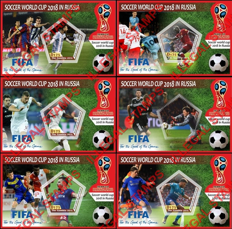 Gambia 2016 World Cup Soccer in Russia 2018 (different) Illegal Stamp Souvenir Sheets of 1 Gambia 2016 World Cup Soccer in Russia 2018 (different) Illegal Stamp Souvenir Sheets of 1