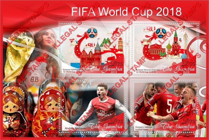 Gambia 2016 World Cup Soccer in Russia 2018 Illegal Stamp Souvenir Sheet of 4 Gambia 2016 World Cup Soccer in Russia 2018 Illegal Stamp Souvenir Sheet of 4