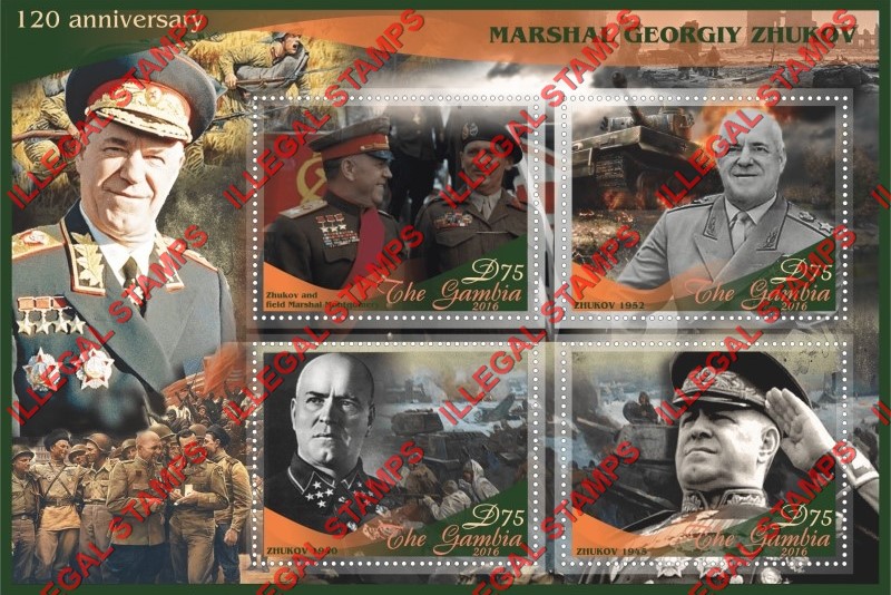 Gambia 2016 Marshal Georgiy Zhukov Illegal Stamp Souvenir Sheet of 4 Gambia 2016 Marshal Georgiy Zhukov Illegal Stamp Souvenir Sheet of 4