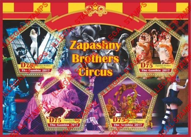 Gambia 2017 Circus Illegal Stamp Souvenir Sheet of 4 Gambia 2017 Circus Illegal Stamp Souvenir Sheet of 4