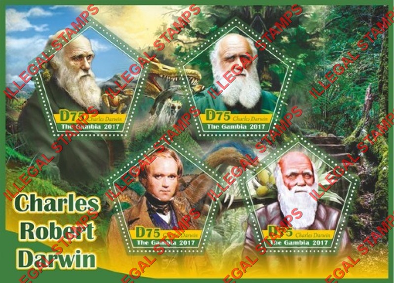 Gambia 2017 Charles Darwin and Dinosaurs Illegal Stamp Souvenir Sheet of 4 Gambia 2017 Charles Darwin and Dinosaurs Illegal Stamp Souvenir Sheet of 4
