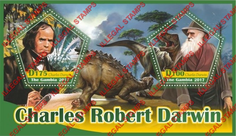 Gambia 2017 Charles Darwin and Dinosaurs Illegal Stamp Souvenir Sheet of 2 Gambia 2017 Charles Darwin and Dinosaurs Illegal Stamp Souvenir Sheet of 2