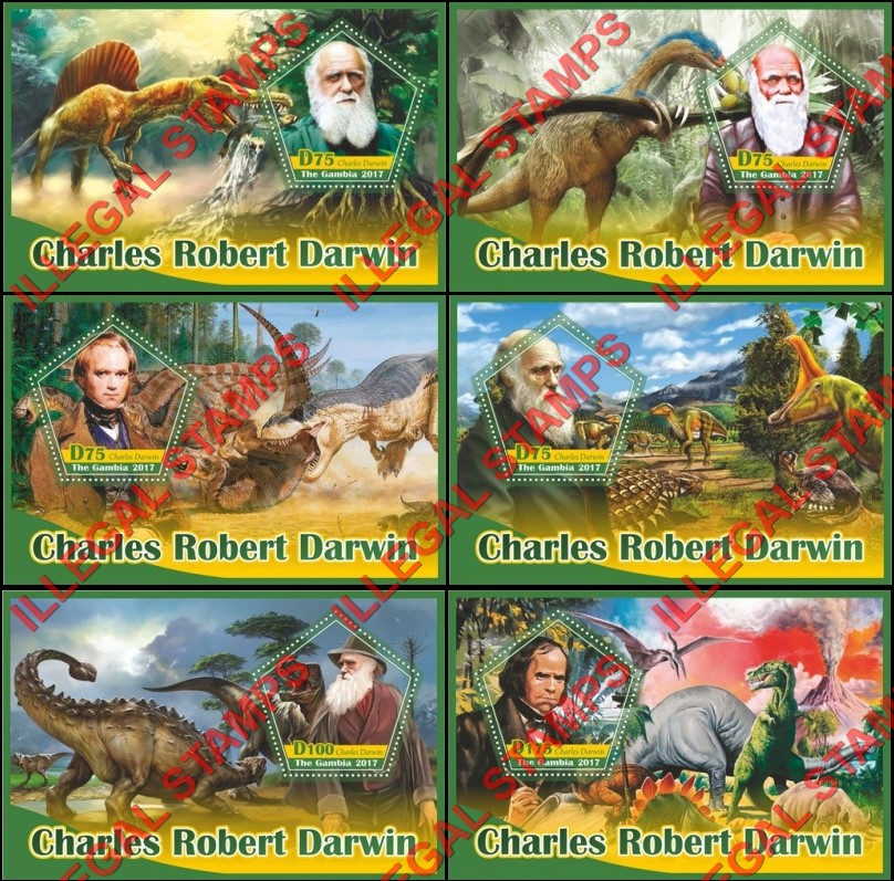Gambia 2017 Charles Darwin and Dinosaurs Illegal Stamp Souvenir Sheets of 1 Gambia 2017 Charles Darwin and Dinosaurs Illegal Stamp Souvenir Sheets of 1