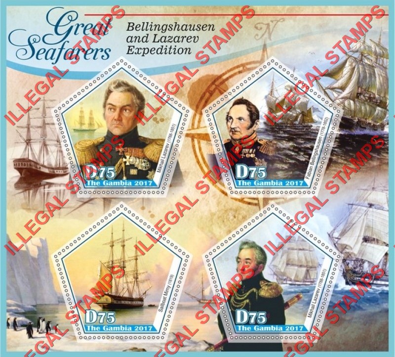 Gambia 2017 Great Seafarers Bellingshausen and Lazarev Expedition Illegal Stamp Souvenir Sheet of 4 Gambia 2017 Great Seafarers Bellingshausen and Lazarev Expedition Illegal Stamp Souvenir Sheet of 4