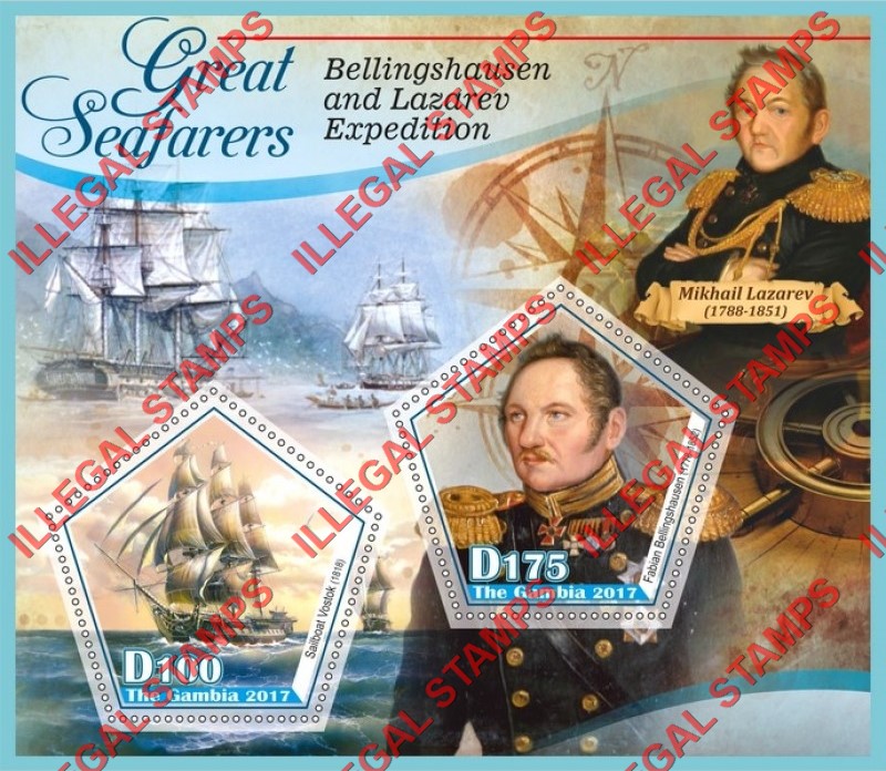 Gambia 2017 Great Seafarers Bellingshausen and Lazarev Expedition Illegal Stamp Souvenir Sheet of 2 Gambia 2017 Great Seafarers Bellingshausen and Lazarev Expedition Illegal Stamp Souvenir Sheet of 2