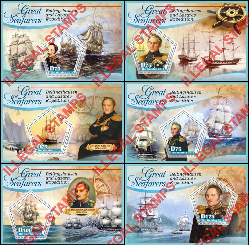 Gambia 2017 Great Seafarers Bellingshausen and Lazarev Expedition Illegal Stamp Souvenir Sheets of 1 Gambia 2017 Great Seafarers Bellingshausen and Lazarev Expedition Illegal Stamp Souvenir Sheets of 1