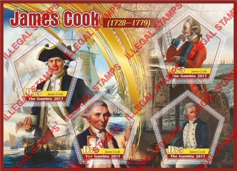 Gambia 2017 James Cook Illegal Stamp Souvenir Sheet of 4 Gambia 2017 James Cook Illegal Stamp Souvenir Sheet of 4