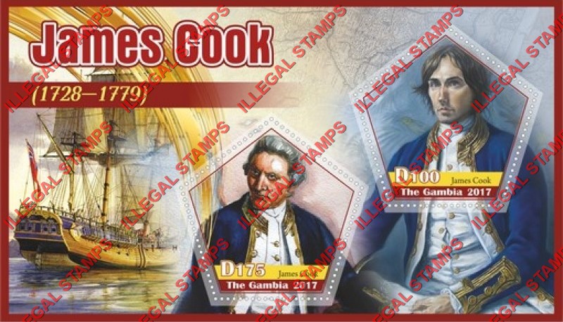 Gambia 2017 James Cook Illegal Stamp Souvenir Sheet of 2 Gambia 2017 James Cook Illegal Stamp Souvenir Sheet of 2
